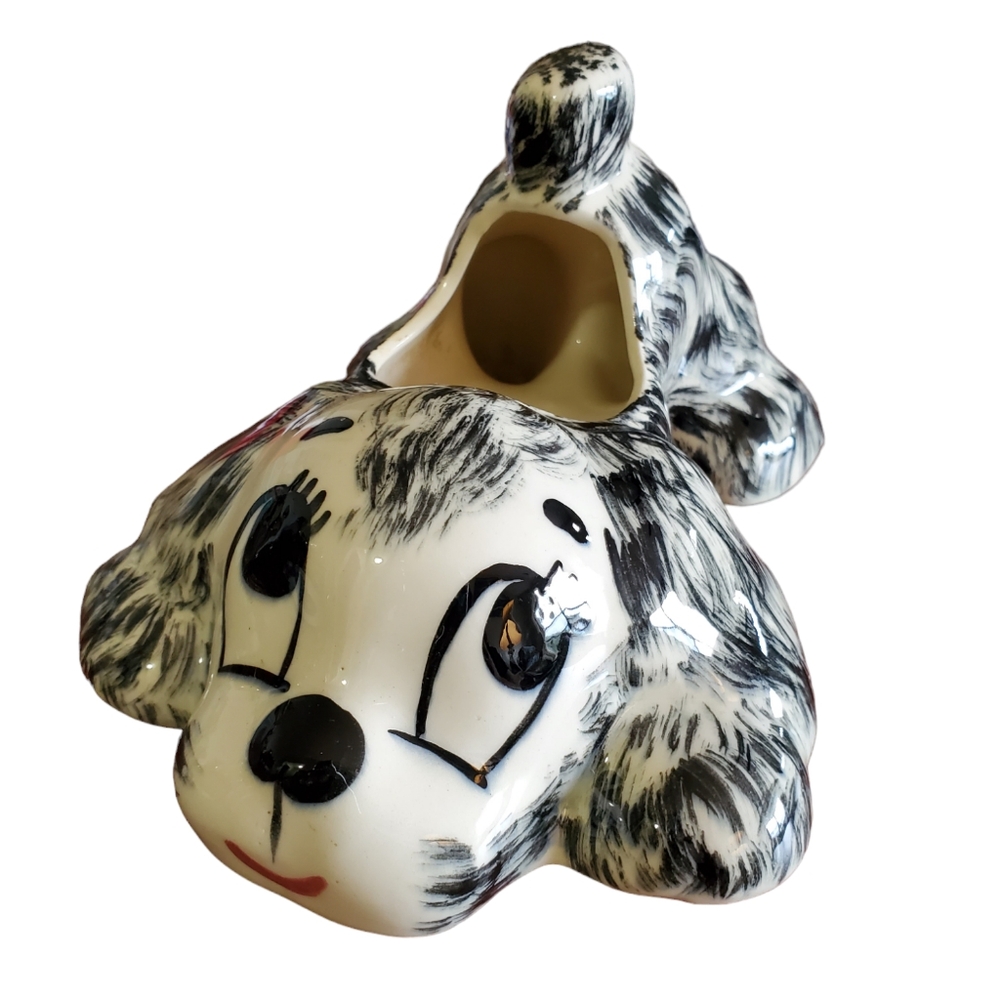 Vintage Hand Painted Puppy Dog Planter Black White Succulent Playful 6 x 7